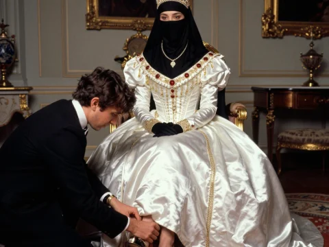 Elegant Countess in Regal Attire with Crown and Mask