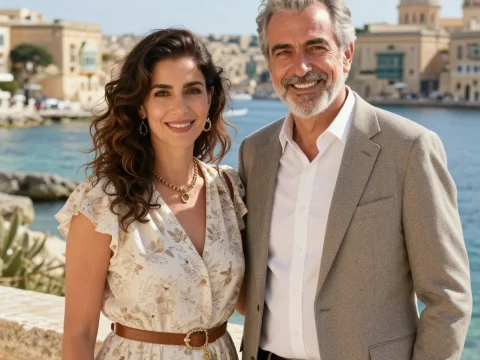 Elegant Couple Enjoying a Sunny Day by the Waterfront in Malta