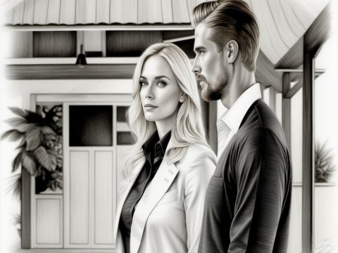 Elegant Couple Standing Outside Modern House