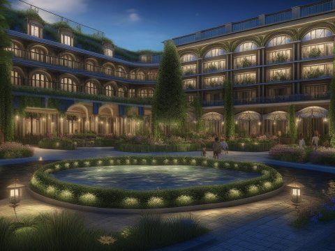 Elegant Courtyard of a Modern Hotel at Dusk