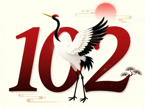 Elegant Crane with 102 Number and Red Sun