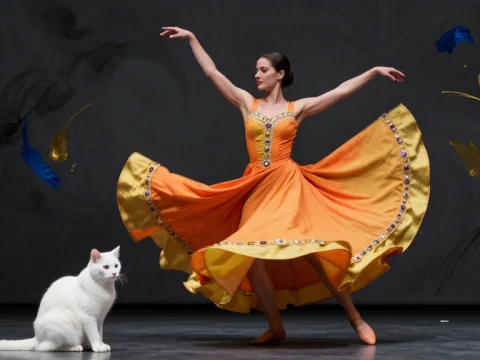 Elegant Dancer in Flowing Orange Dress with White Cat