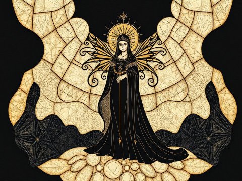 Elegant Dark Angel with Golden Halo and Wings