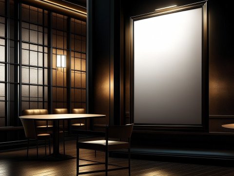 Elegant Dark Interior with Illuminated Tables and Large Frame
