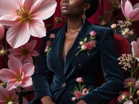 Elegant Dark-Skinned Model in Floral Embellished Suit on Vogue Cover