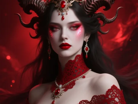 Elegant Dark Sorceress with Ornate Horns and Red Jewels