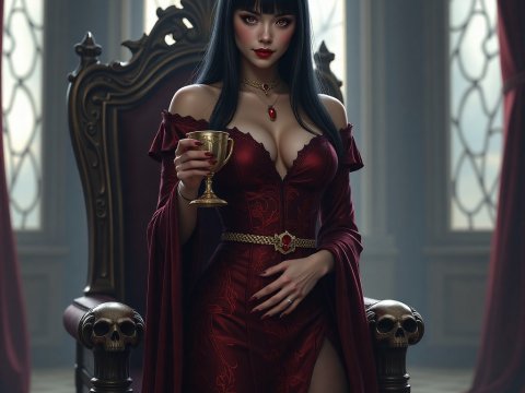 Elegant Elder Vampire Woman in Gothic Throne Room