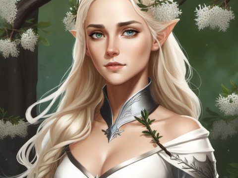 Elegant Elven Woman in White Armor with Blossoming Branch