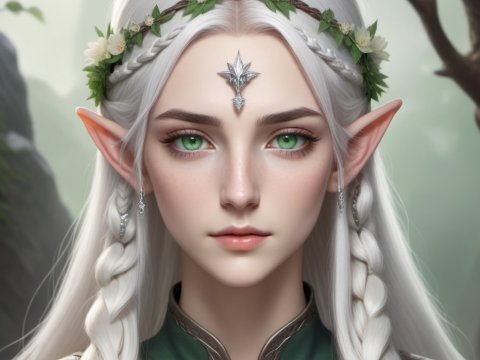 Elegant Elven Woman with White Hair and Green Eyes