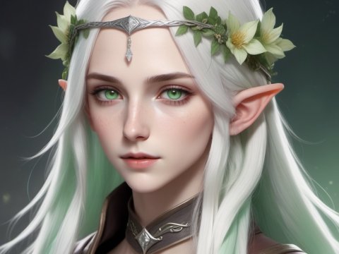 Elegant Elven Woman with White Hair and Green Eyes