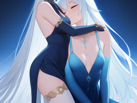 Elegant Embrace of Two White-Haired Women in Blue Dresses