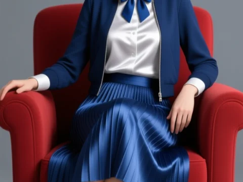 Elegant European Woman in Blue Sitting on Red Armchair