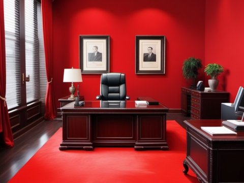 Elegant Executive Office with Red Walls and Classic Wood Furniture