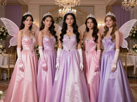 Elegant Fairy Princesses in Lavender and Pink Gowns