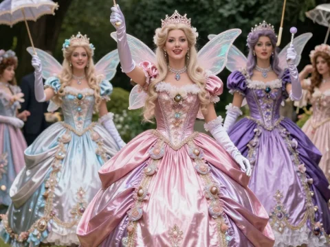 Elegant Fairy Tale Princesses in Ornate Gowns with Parasols
