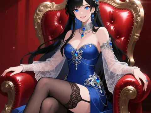 Elegant Fantasy Anime Lady in Royal Blue Dress