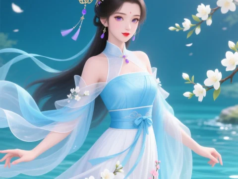 Elegant Fantasy Woman in Flowing Blue Dress by Spring Water