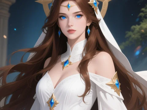 Elegant Female Cleric with Blue Gem Adornments