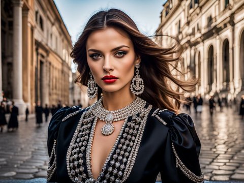 Elegant Female Model in Ornate Fashion Jewelry on Historic Street