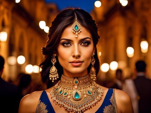 Elegant Female Model in Traditional Jewelry at Night