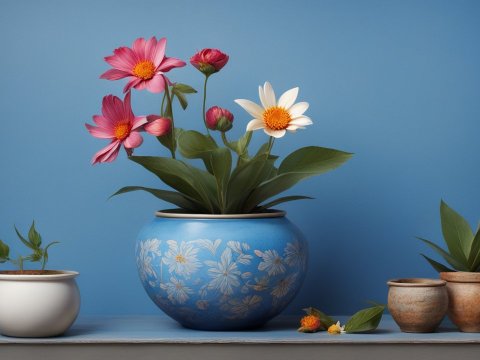 Elegant Floral Arrangement in Decorative Pots on Blue Background