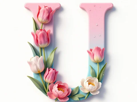 Elegant Floral Letter U with Pink Tulips