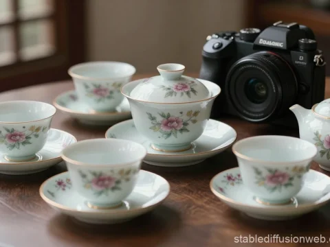 Elegant Floral Porcelain Tea Set with Camera on Wooden Table