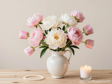 Elegant Floral Still Life with Candle and Pearls