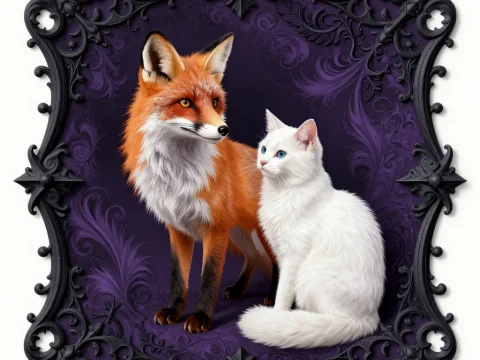 Elegant Fox and White Cat in Ornate Frame