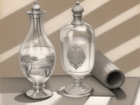 Elegant Glass Bottles with Intricate Designs and Landscape Reflection