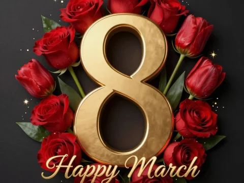 Elegant Golden 8 with Red Roses for March 8 Greeting