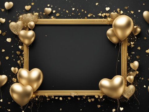 Elegant Golden Heart Balloons with Ornate Frame on Black