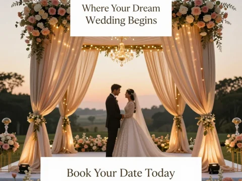 Elegant Golden Hour Wedding Mandap with Romantic Couple