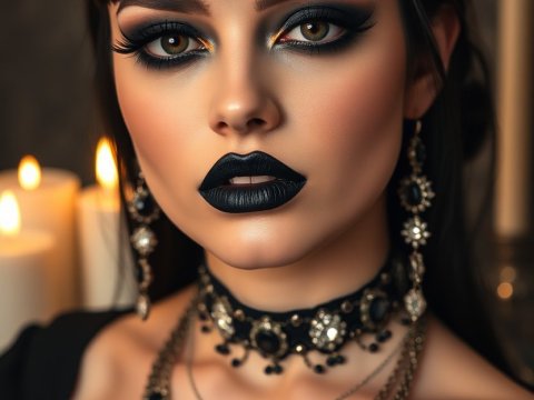 Elegant Gothic Fashion Portrait with Dark Makeup and Jewelry