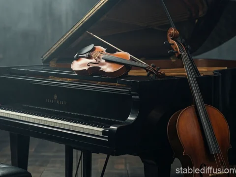 Elegant Grand Piano with Violin and Cello in Soft Light
