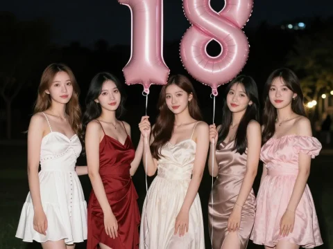 Elegant Group Celebration with Pink 18 Balloons at Night