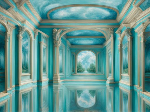 Elegant Hallway with Recursive Reflections and Trompe L'oeil