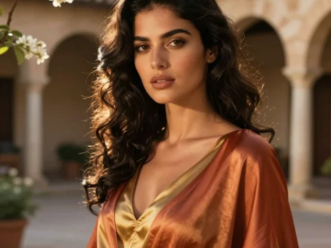 Elegant Italian Woman in Terracotta Satin Dress