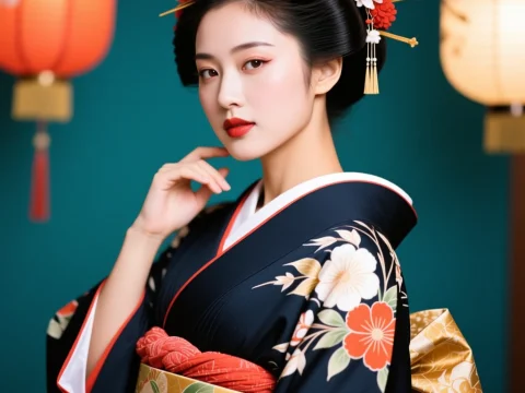 Elegant Japanese Woman in Traditional Kimono with Floral Patterns