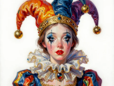 Elegant Jester Woman in Colorful Costume and Makeup