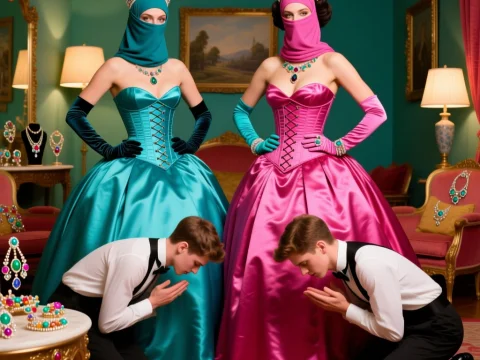 Elegant Ladies in Regal Satin Gowns with Bowing Attendants