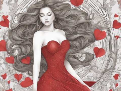 Elegant Lady in Flowing Red Dress with Heart Motifs