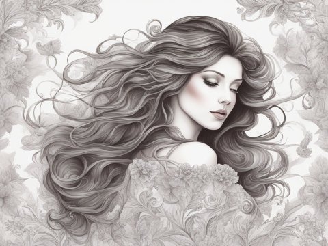 Elegant Lady with Flowing Hair and Floral Motifs