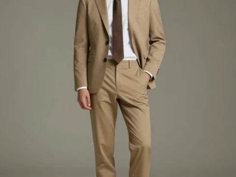Elegant Man in Tan Suit with Brown Tie and Boots