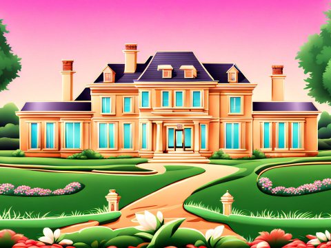 Elegant Mansion with Vibrant Garden at Sunset