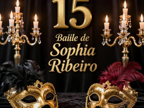 Elegant Masquerade Ball Invitation with Gold Masks and Candlelight