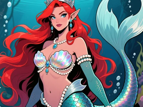 Elegant Mermaid Queen with Red Hair and Pearl Adornments