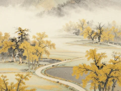 Elegant Misty Mountain Landscape with Autumn Trees