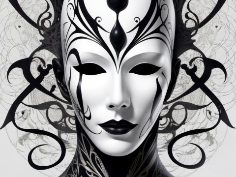 Elegant Monochrome Masked Figure with Intricate Black Patterns