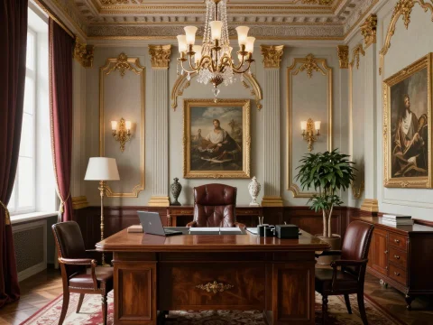 Elegant Neoclassical Office with Ornate Gold Detailing